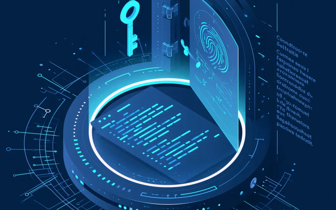 Offshore development security concept: a document with code inside a vault with a key, representing IP protection when hiring remote engineers