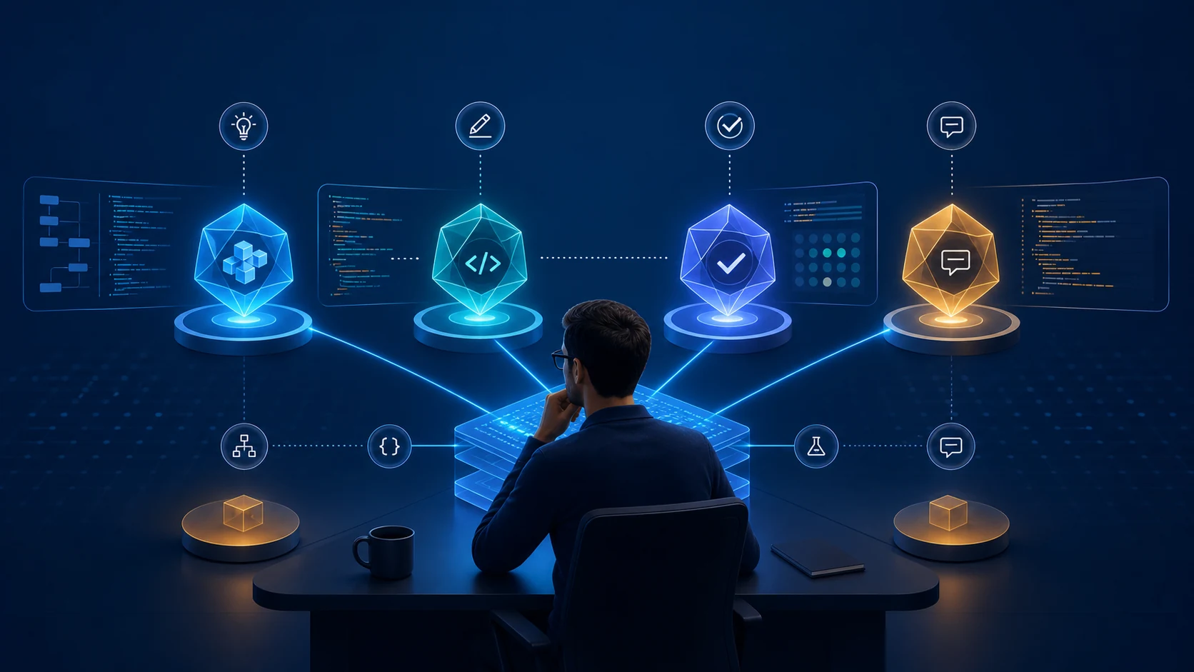 AI coding agents helping a software engineer plan, write, test, and review code
